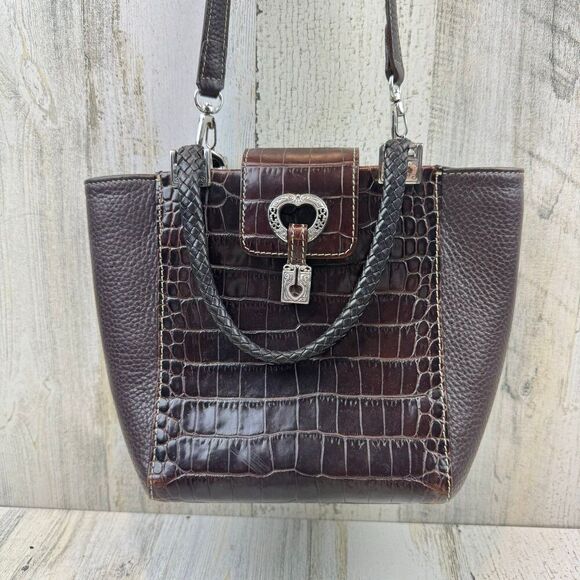 Brighton brown leather croc print shoulder bag with silver tone hardware - Picture 2 of 12